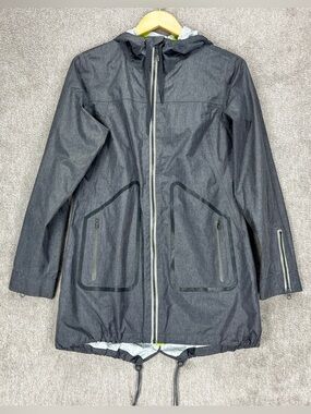 Mondetta Rain Jacket Windbreaker Women Small Gray Hooded Long Adjustable Hem